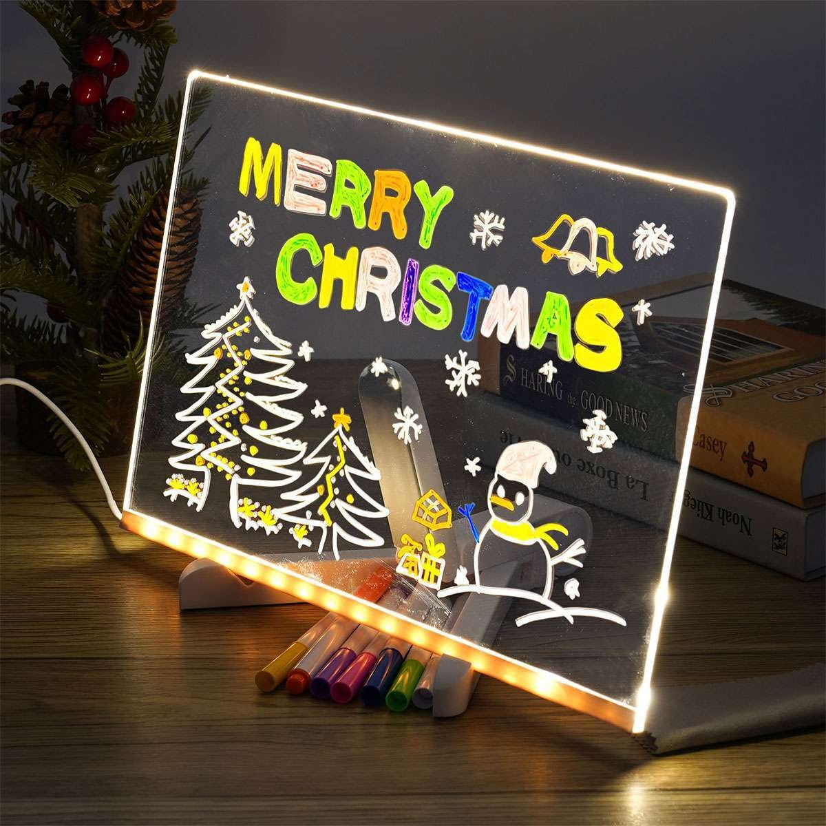 Transparent Acrylic LED Dry Erase Message Board 20x20cm White Stand With Glowing Display